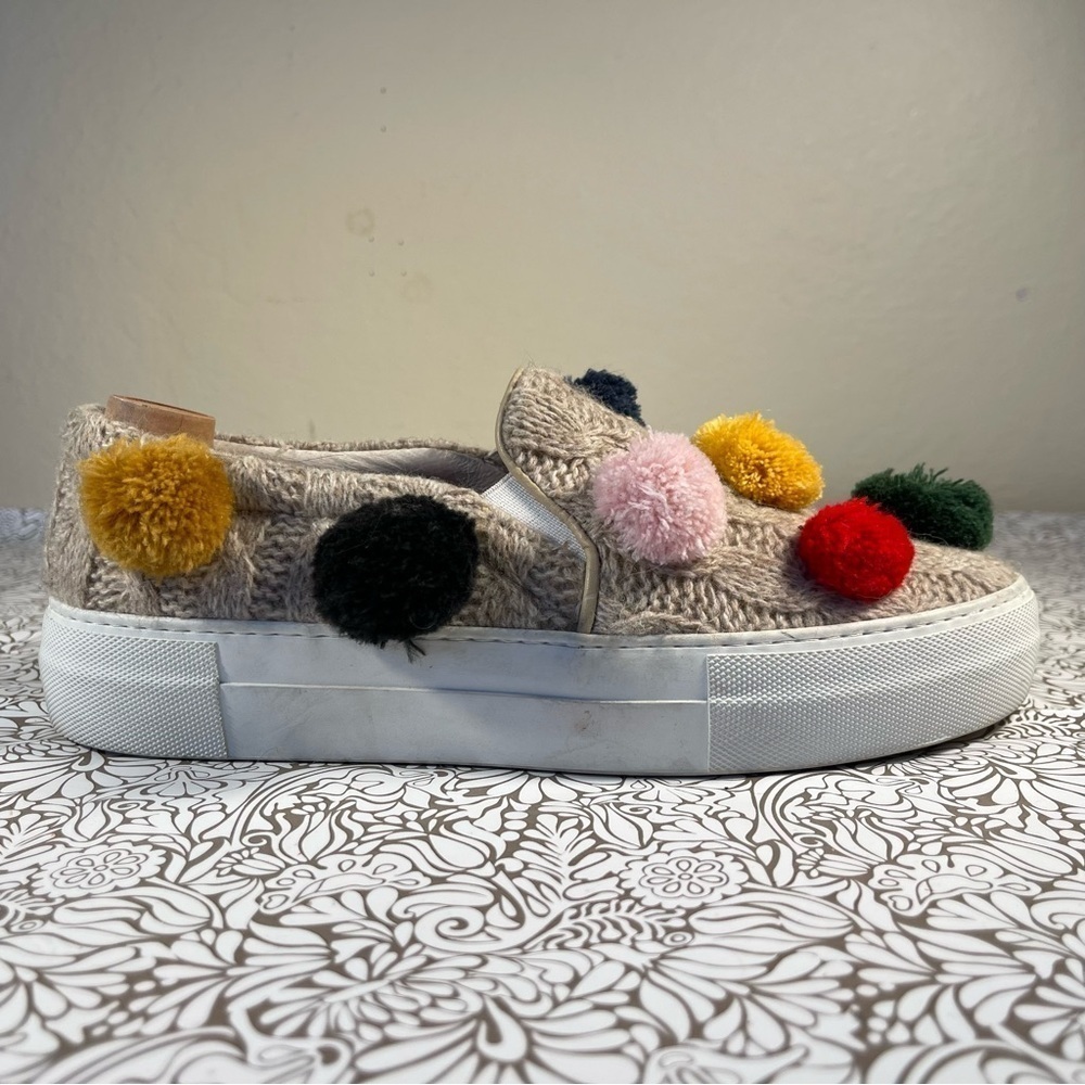 Joshua Sanders Tan Wool Blend Pom Pom Slip-On Sneakers Made in Italy Designer